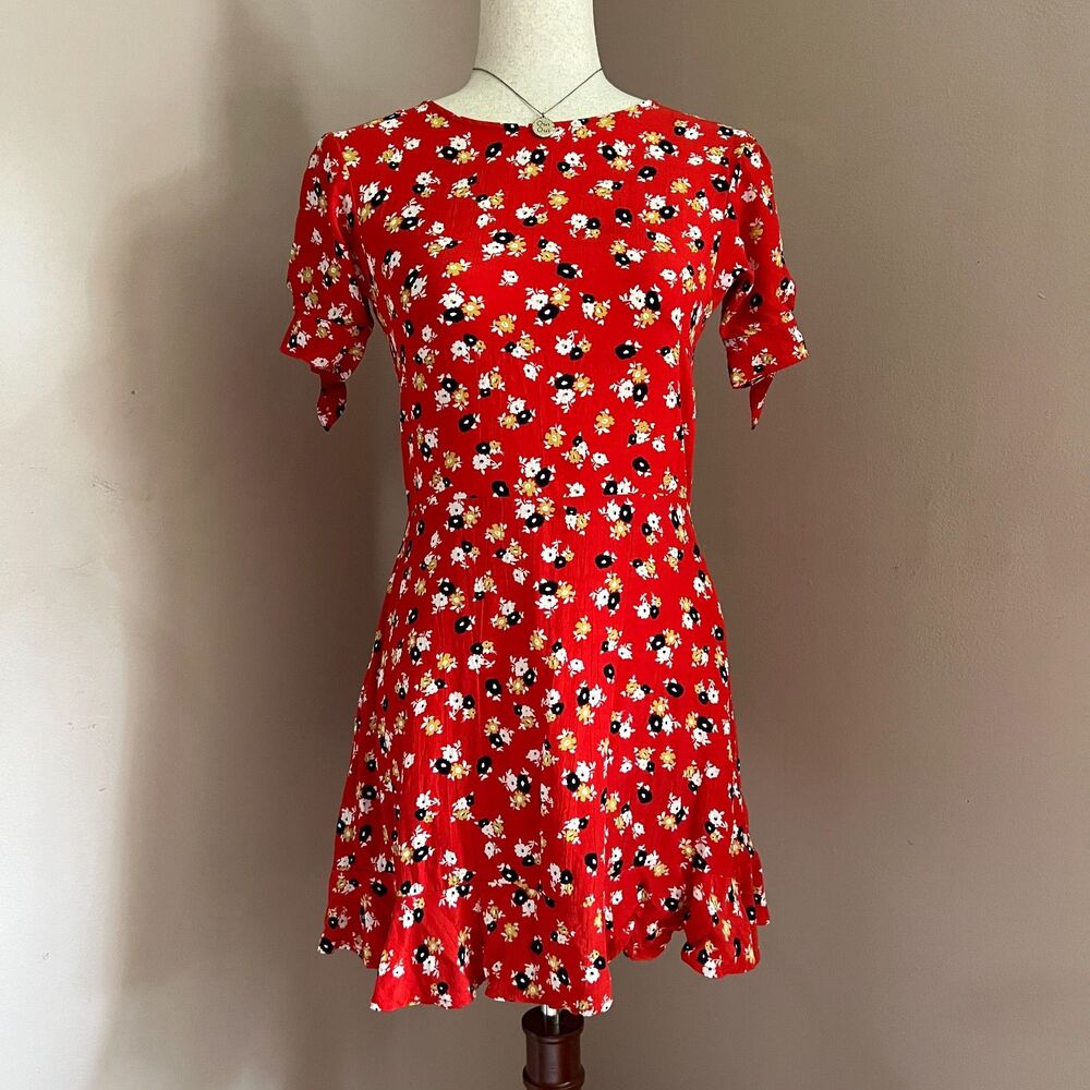 Faithfull The Brand Red Daphne Mini‎ Dress 90s Cottagecore Euro Summer Size 2 XS